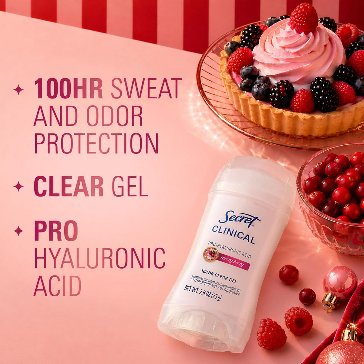 Secret Clinical Strength 100HR Sweat & Odor. Clear Gel Antiperspirant Deodorant for Women. 3X Stress Protection with Hyaluronic Acid. PH Balancing Minerals. Merry Berry Scent. 2.6 oz