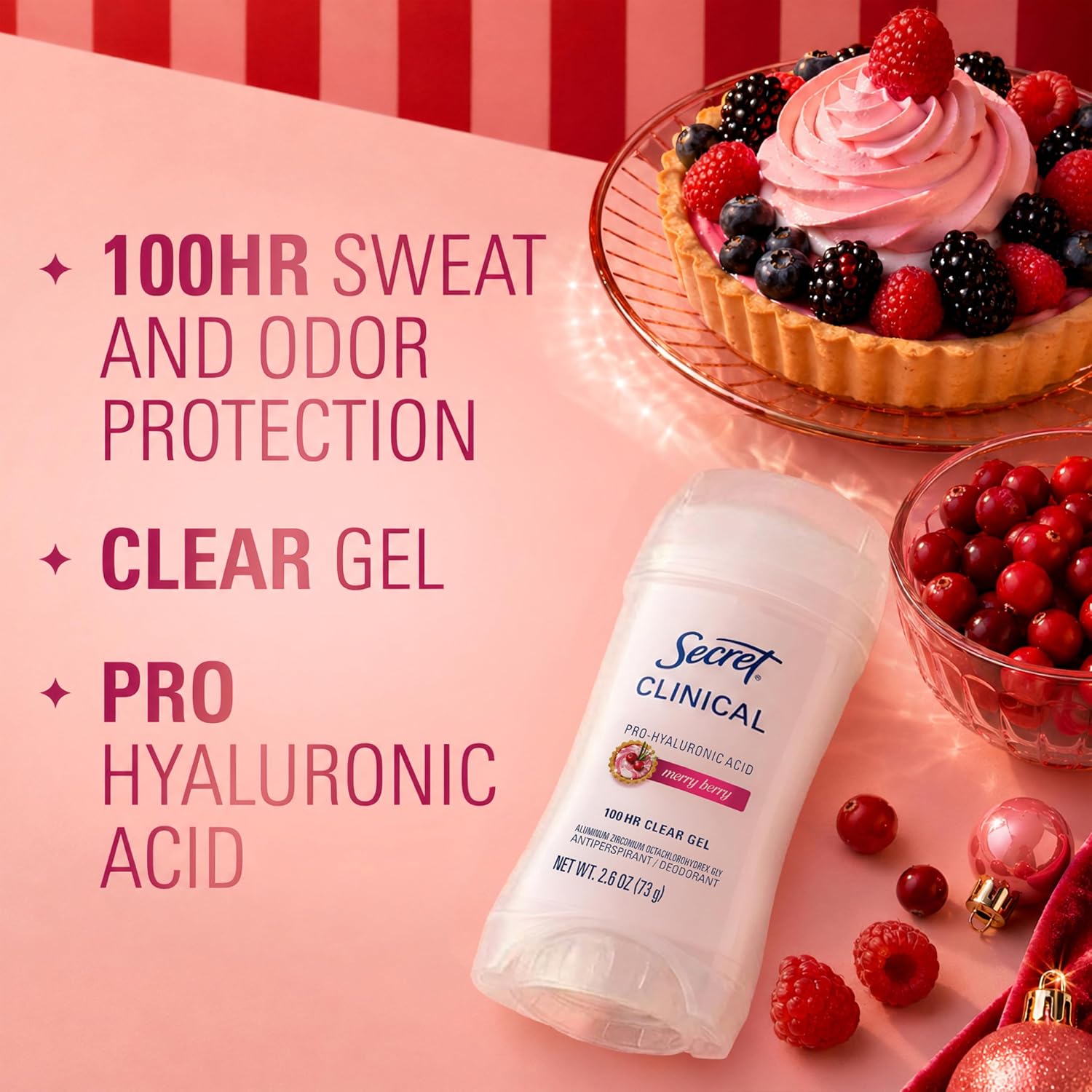 Secret Clinical Strength 100HR Sweat & Odor. Clear Gel Antiperspirant Deodorant for Women. 3X Stress Protection with Hyaluronic Acid. PH Balancing Minerals. Merry Berry Scent. 2.6 oz