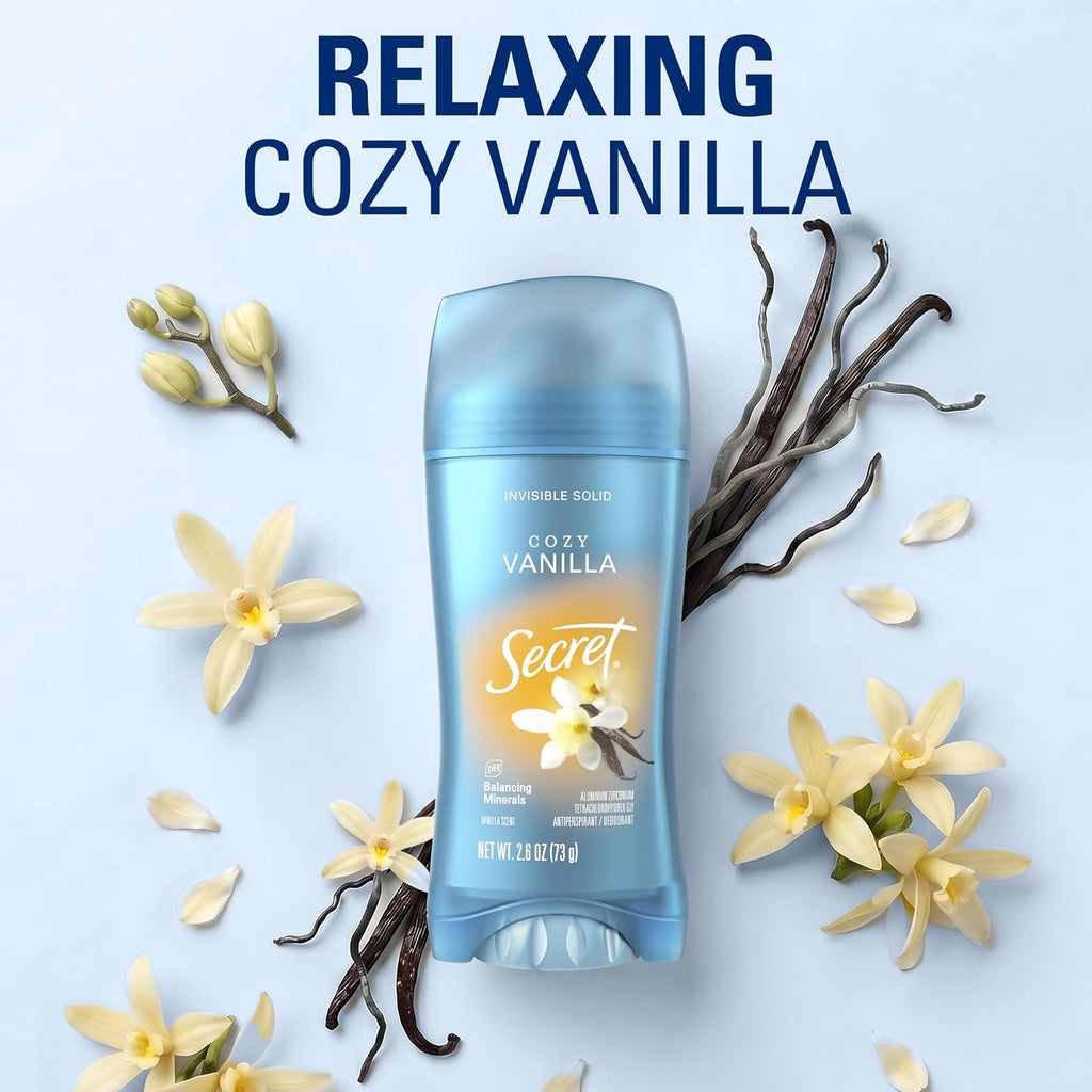 Secret Fresh Antiperspirant Deodorant for Women. 72hr Breathable Sweat & Odor Protection. Instant Freshness & Gentle. PH Balancing Minerals. Invisible Solid. Cozy Vanilla Scent. 2.6 oz (Pack of 3)