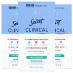Secret Clinical Strength Antiperspirant Deodorant for Women. Free & Sensitive. 100hr Sweat & Odor Protection. 3X Stress Protection with Hyaluronic Acid. Invisible Solid. Unscented. 1.6 oz (Pack of 3)