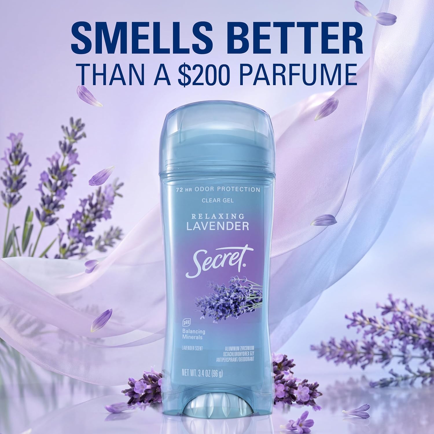 Secret Fresh Antiperspirant Deodorant for Women. 72hr Breathable Sweat & Odor Protection. Instant Freshness & Gentle. PH Balancing Minerals. Clear Gel. Relaxing Lavender Scent. 3.4 oz