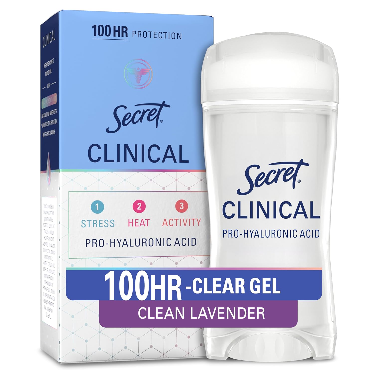 Secret Clinical Strength 100HR Sweat & Odor. Clear Gel Antiperspirant Deodorant for Women. 3X Stress Protection with Hyaluronic Acid. PH Balancing Minerals. Clear Lavender Scent. 2.6 oz