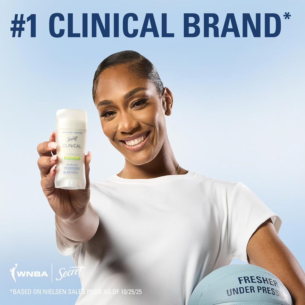 Secret Clinical Strength 100HR Defense. Invisible Solid Antiperspirant Deodorant for Women. A'Ja Wilson Edition. Triple Threat Sweat Protection. Hyaluronic Acid. Court Queen Citrus Scent. 2.6 oz