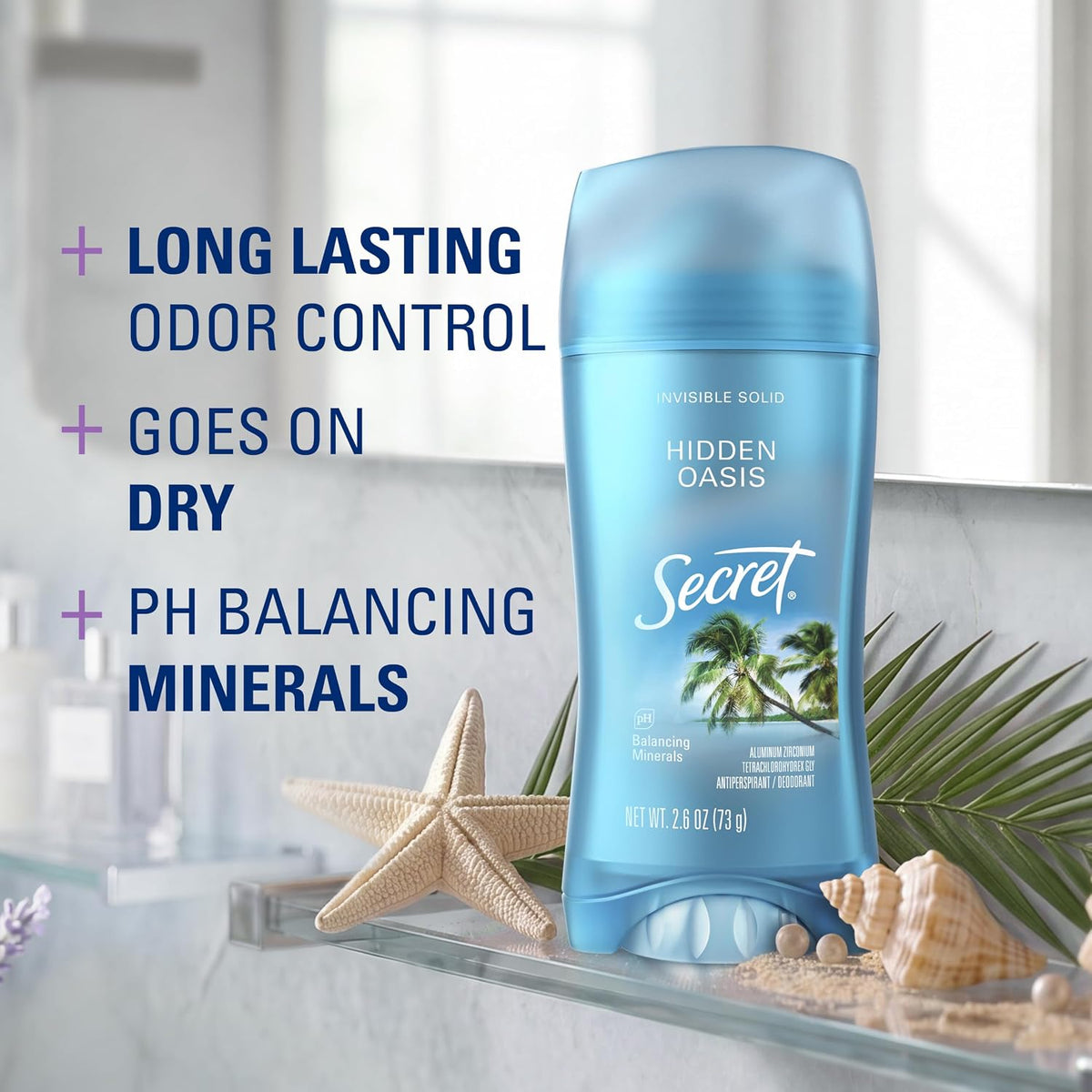 Secret Fresh Antiperspirant Deodorant for Women. 72hr Breathable Sweat & Odor Protection. Instant Freshness & Gentle. PH Balancing Minerals. Invisible Solid. Hidden Oasis Scent. 2.6 oz