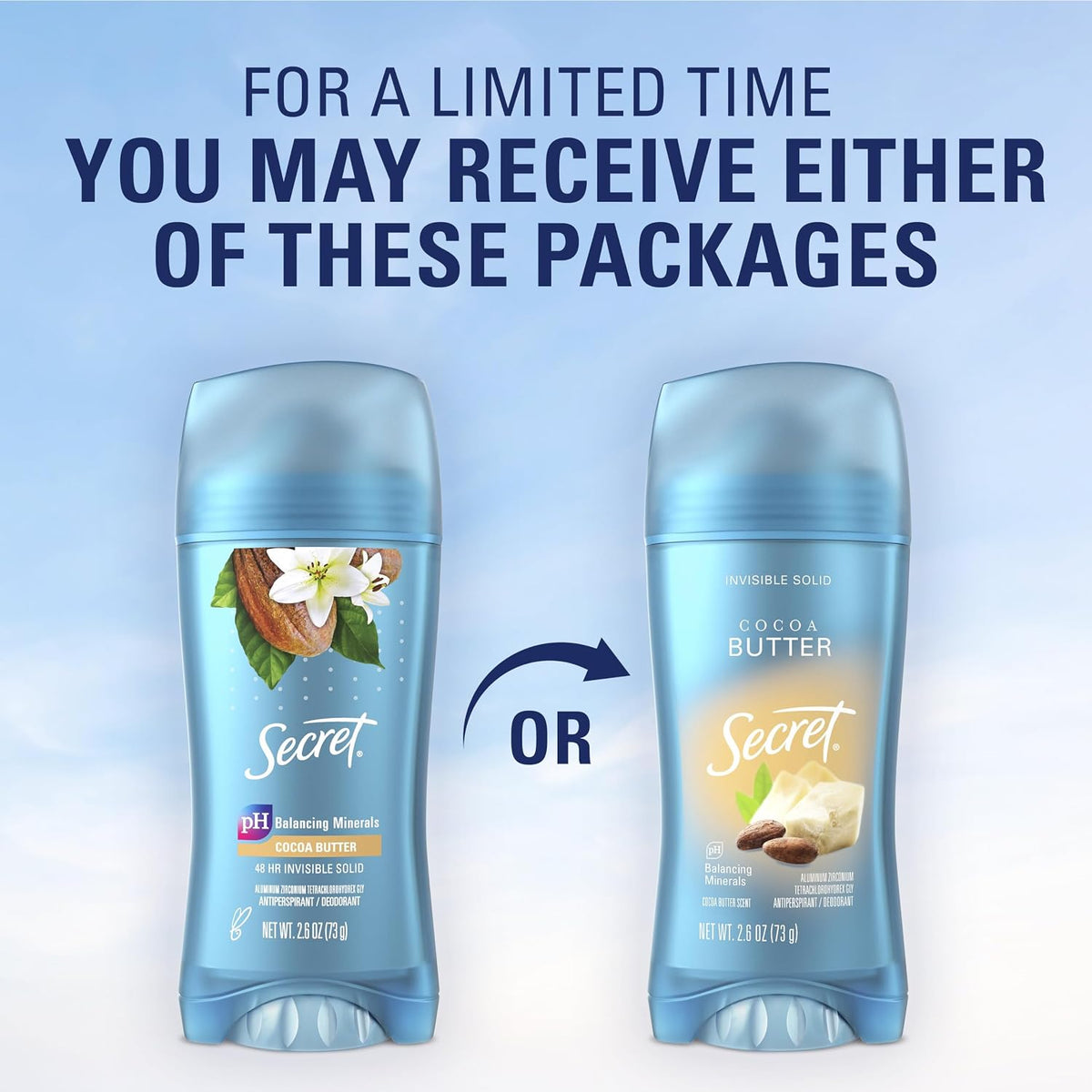 Secret Fresh Antiperspirant Deodorant for Women. 72hr Breathable Sweat & Odor Protection. Instant Freshness & Gentle. PH Balancing Minerals. Invisible Solid. Cocoa Butter Scent. 2.6 oz