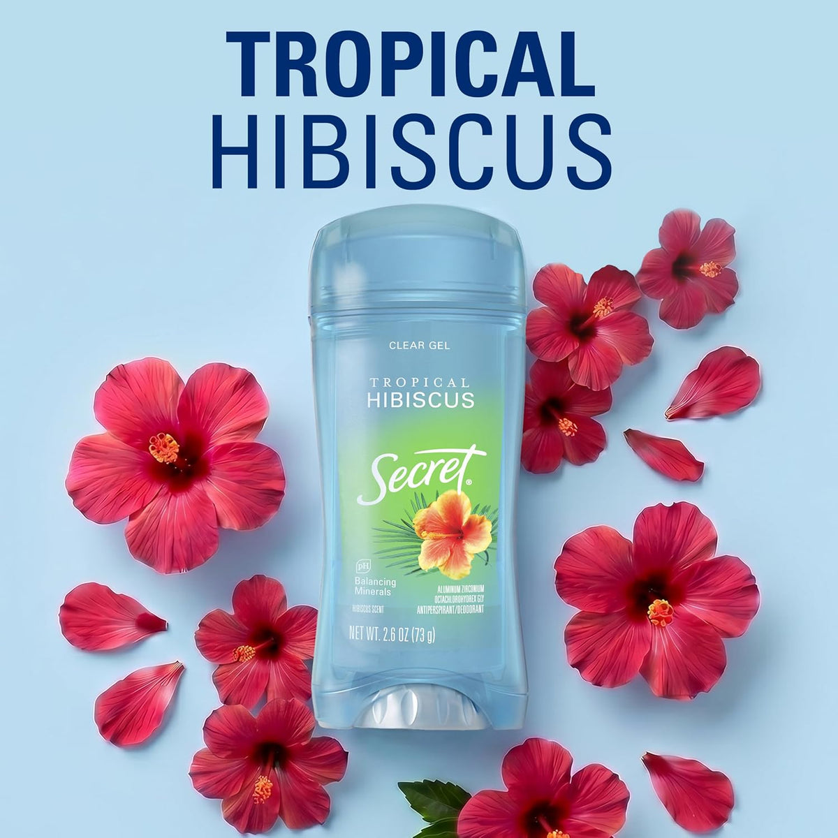 Secret Fresh Antiperspirant Deodorant for Women. 72hr Breathable Sweat & Odor Protection. Instant Freshness & Gentle. PH Balancing Minerals. Clear Gel. Tropical Hibiscus Scent. 2.6 oz