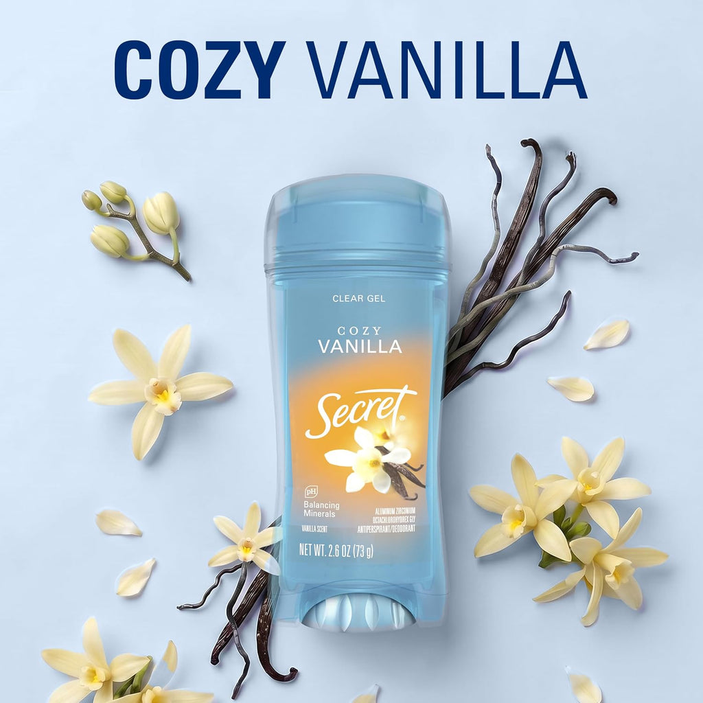Secret Fresh Antiperspirant Deodorant for Women. 72hr Breathable Sweat & Odor Protection. Instant Freshness & Gentle. PH Balancing Minerals. Clear Gel. Cozy Vanilla Scent. 2.6 oz
