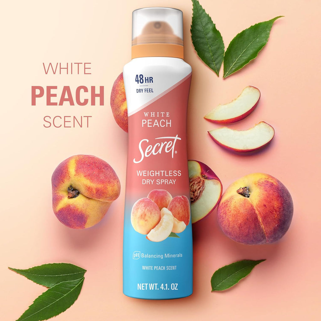 Secret Dry Spray Antiperspirant Deodorant for Women. 48hr Weightless Sweat & Odor Protection. Gentle on Skin. White Peach Scent. 4.1 oz (Pack of 3)