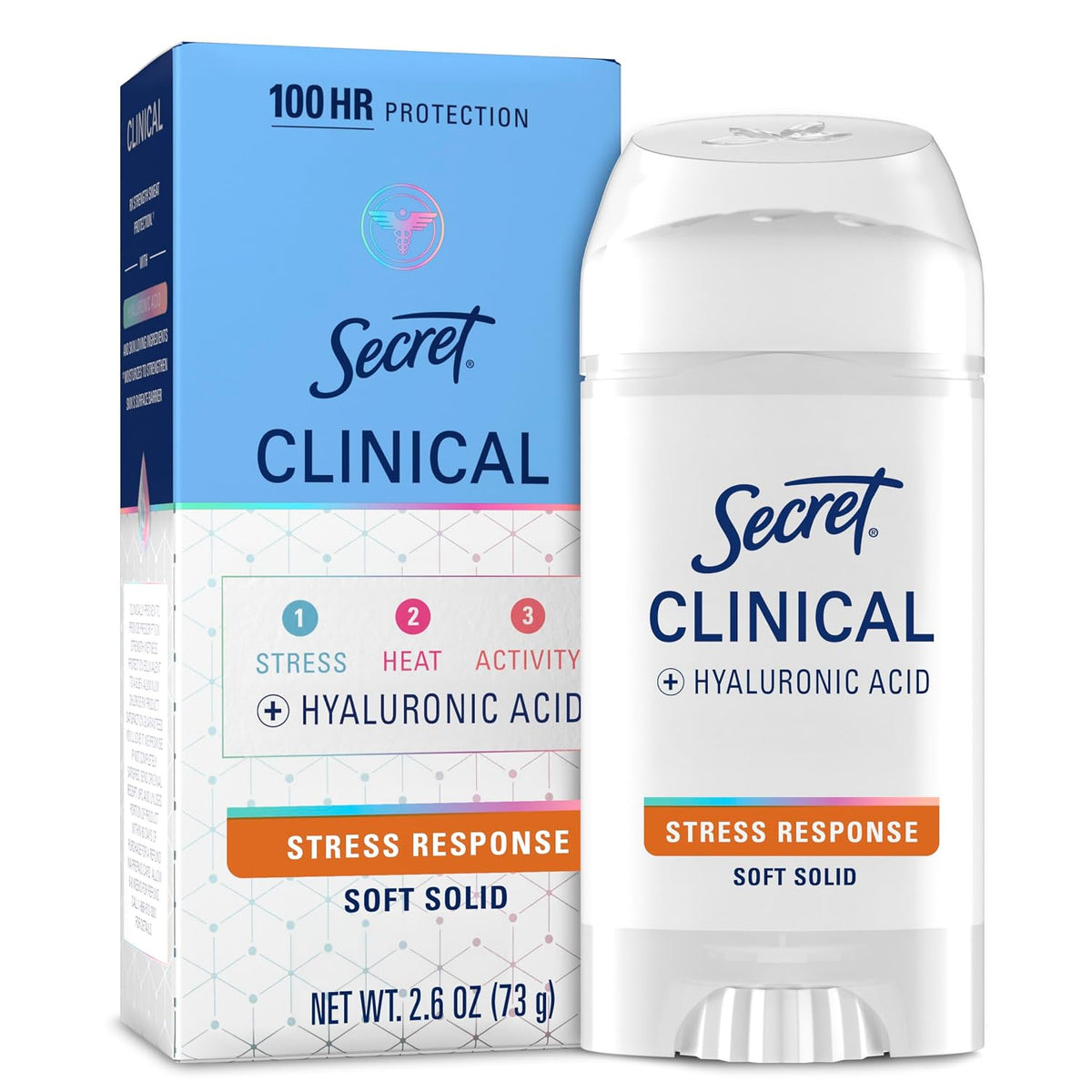 Secret Clinical Strength 100HR Sweat & Odor. Stress Response Soft Solid Antiperspirant Deodorant for Women. 3X Stress Protection with Hyaluronic Acid. PH Balancing Minerals. 2.6 oz