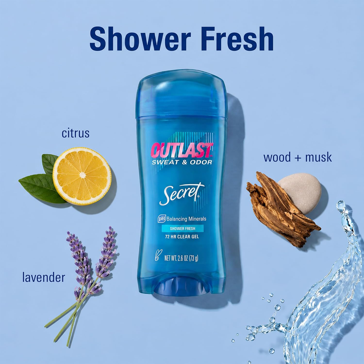 Secret Outlast Antiperspirant Deodorant for Women. 72hr Sweat & Odor Protection. PH Balancing Minerals. Clear Gel. Shower Fresh Scent. 2.6 oz