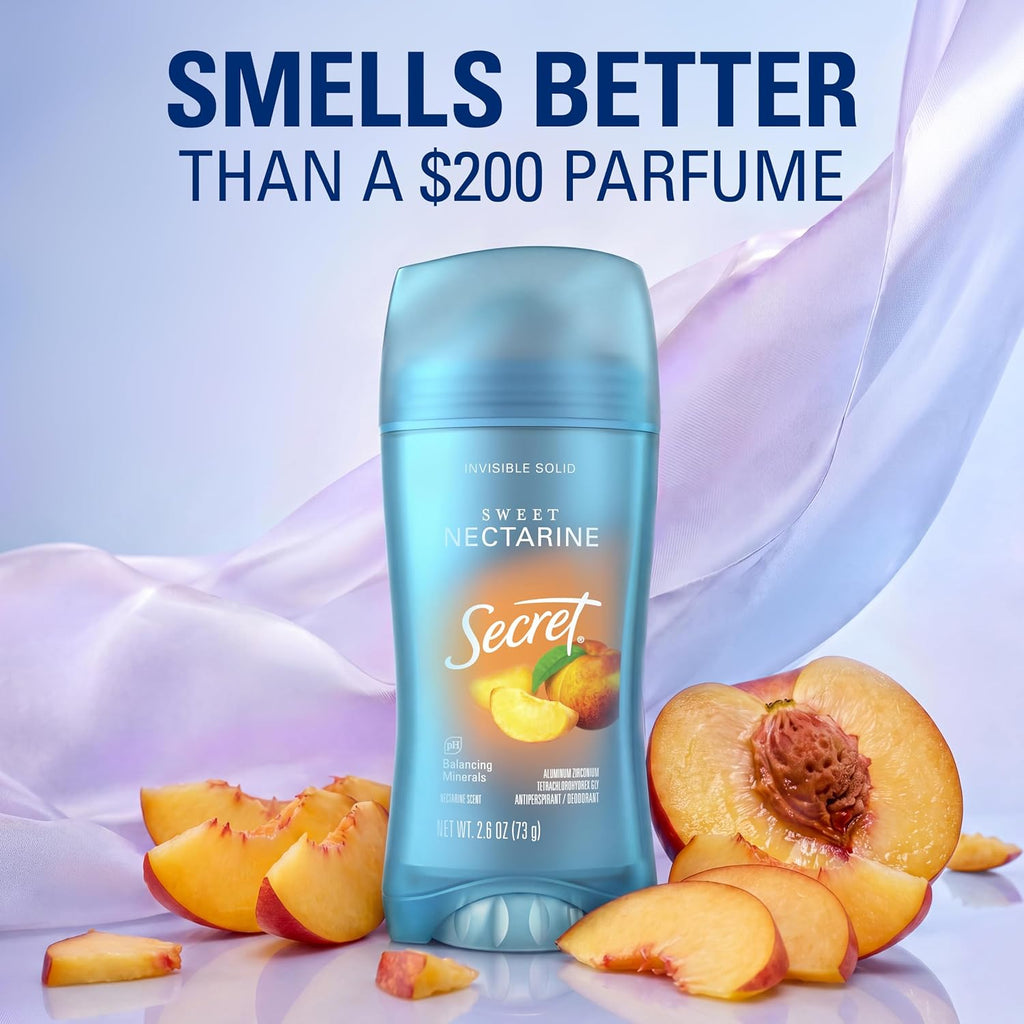 Secret Fresh Antiperspirant Deodorant for Women. 72hr Breathable Sweat & Odor Protection. Instant Freshness & Gentle. PH Balancing Minerals. Invisible Solid. Sweet Nectarine Scent. 2.6 oz