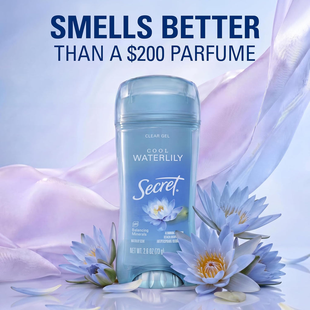 Secret Fresh Antiperspirant Deodorant for Women. 72hr Breathable Sweat & Odor Protection. Instant Freshness & Gentle. PH Balancing Minerals. Clear Gel. Cool Waterlily Scent. 2.6 oz (Pack of 3)
