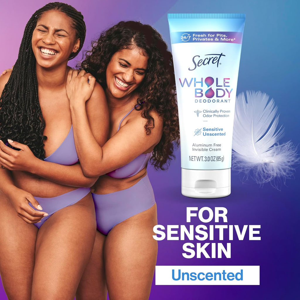 Secret Whole Body Deodorant Cream for Women. Unscented. Aluminum Free Deodorant Cream. 72 HR Odor Protection. 3.0 oz