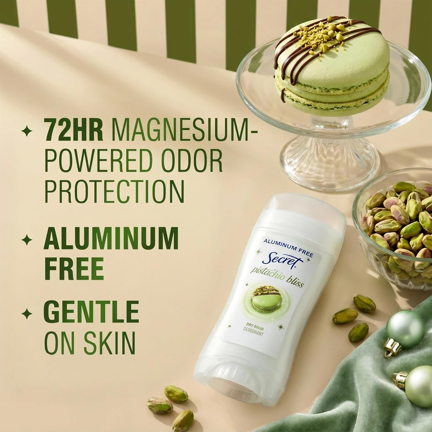 Secret Aluminum Free Deodorant for Women. 72hr Magnesium Odor Protection with Pro-Hyaluronic Acid. PH Balancing Minerals. Holiday Dry Solid. Pistachio Bliss Scent. 2.4 oz
