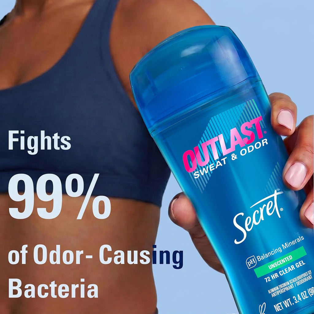 Secret Outlast Antiperspirant Deodorant for Women. 72hr Sweat & Odor Protection. PH Balancing Minerals. Clear Gel. Unscented 3.4 oz