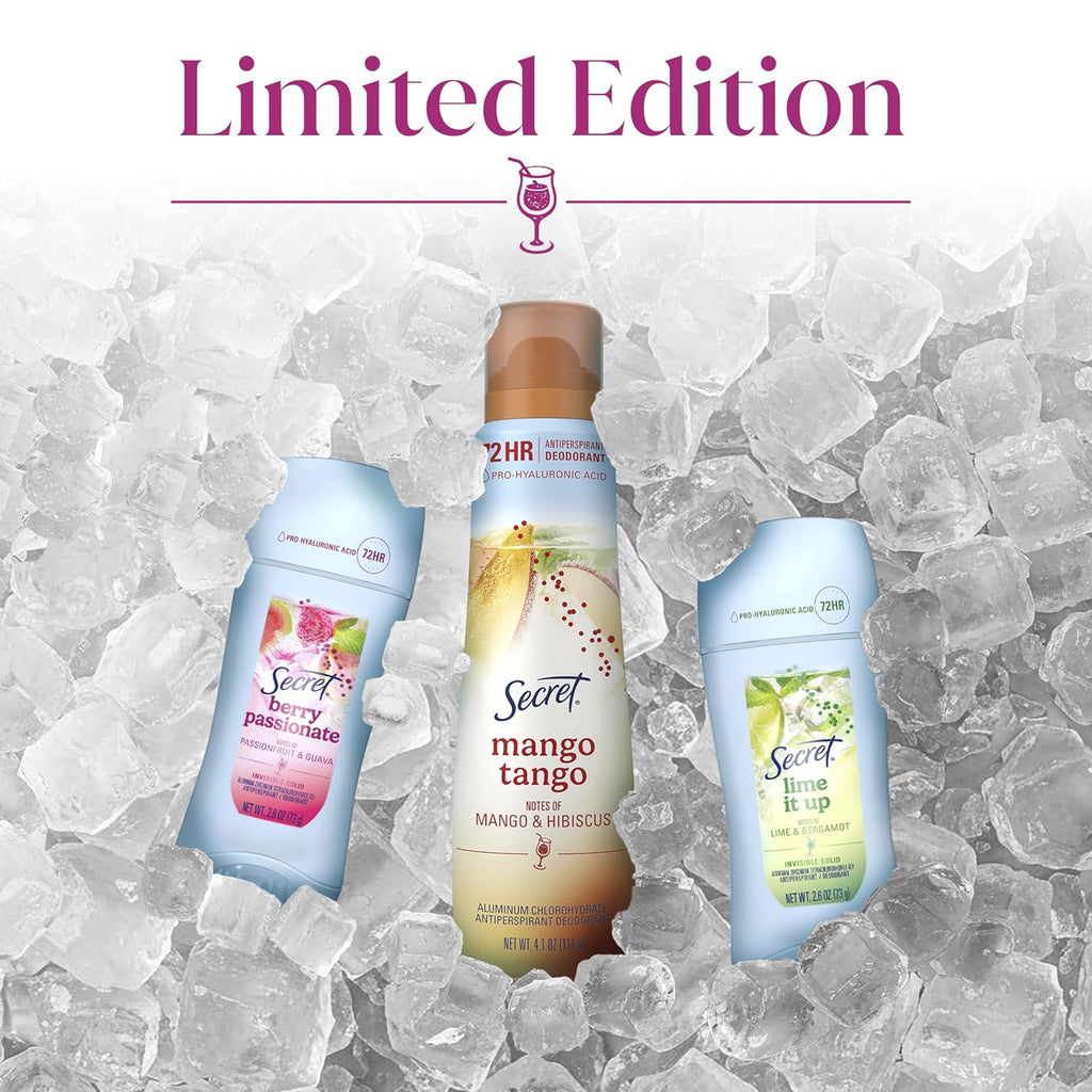 Secret Fresh Antiperspirant Deodorant. Berry Passionate Scent. 2.6oz | 72HR Freshness on the Rocks with Pro-Hyaluronic Acid. Miami Mocktails Limited Edition Invisible Solid. pH Balancing Minerals