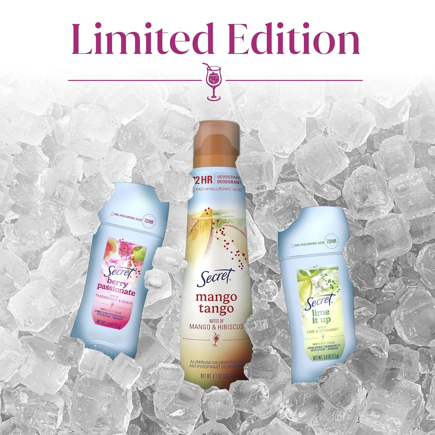 Secret Fresh Antiperspirant Deodorant. Berry Passionate Scent. 2.6oz | 72HR Freshness on the Rocks with Pro-Hyaluronic Acid. Miami Mocktails Limited Edition Invisible Solid. pH Balancing Minerals