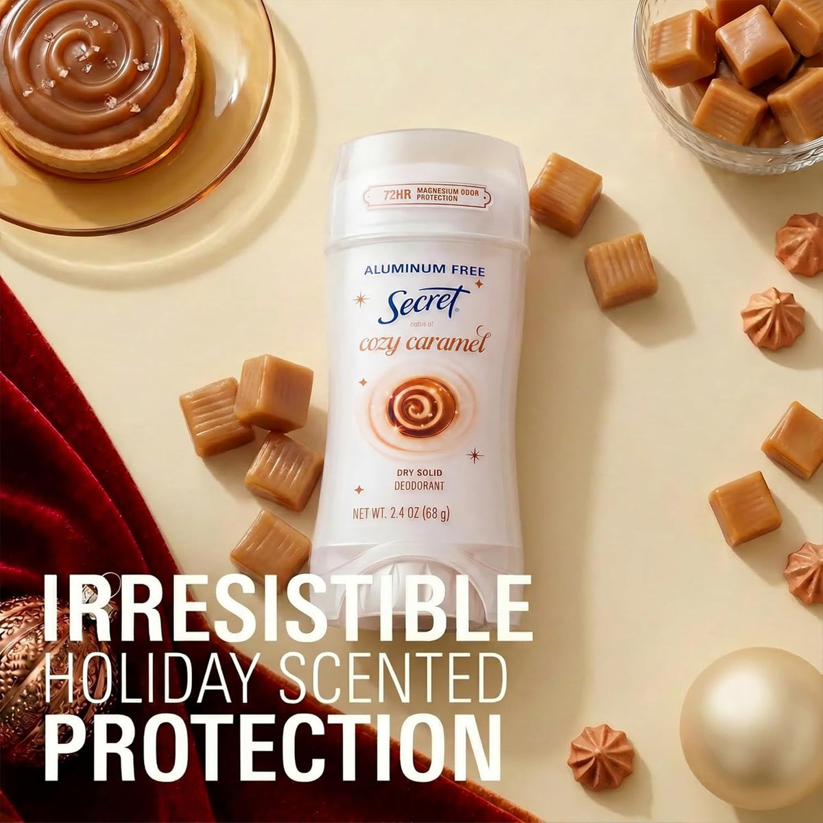 Secret Aluminum Free Deodorant for Women. 72hr Magnesium Odor Protection with Pro-Hyaluronic Acid. PH Balancing Minerals. Holiday Dry Solid. Cozy Caramel Scent. 2.4 oz