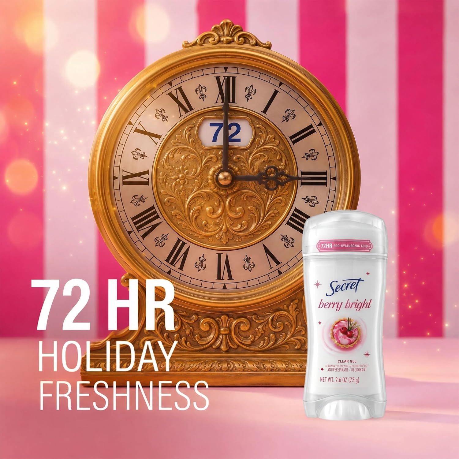 Secret Fresh Antiperspirant Deodorant for Women. 72hr Holiday Sweat & Odor Protection with Pro-Hyaluronic Acid. Clear Gel. PH Balancing Minerals. Berry Bright Scent. 2.6 oz