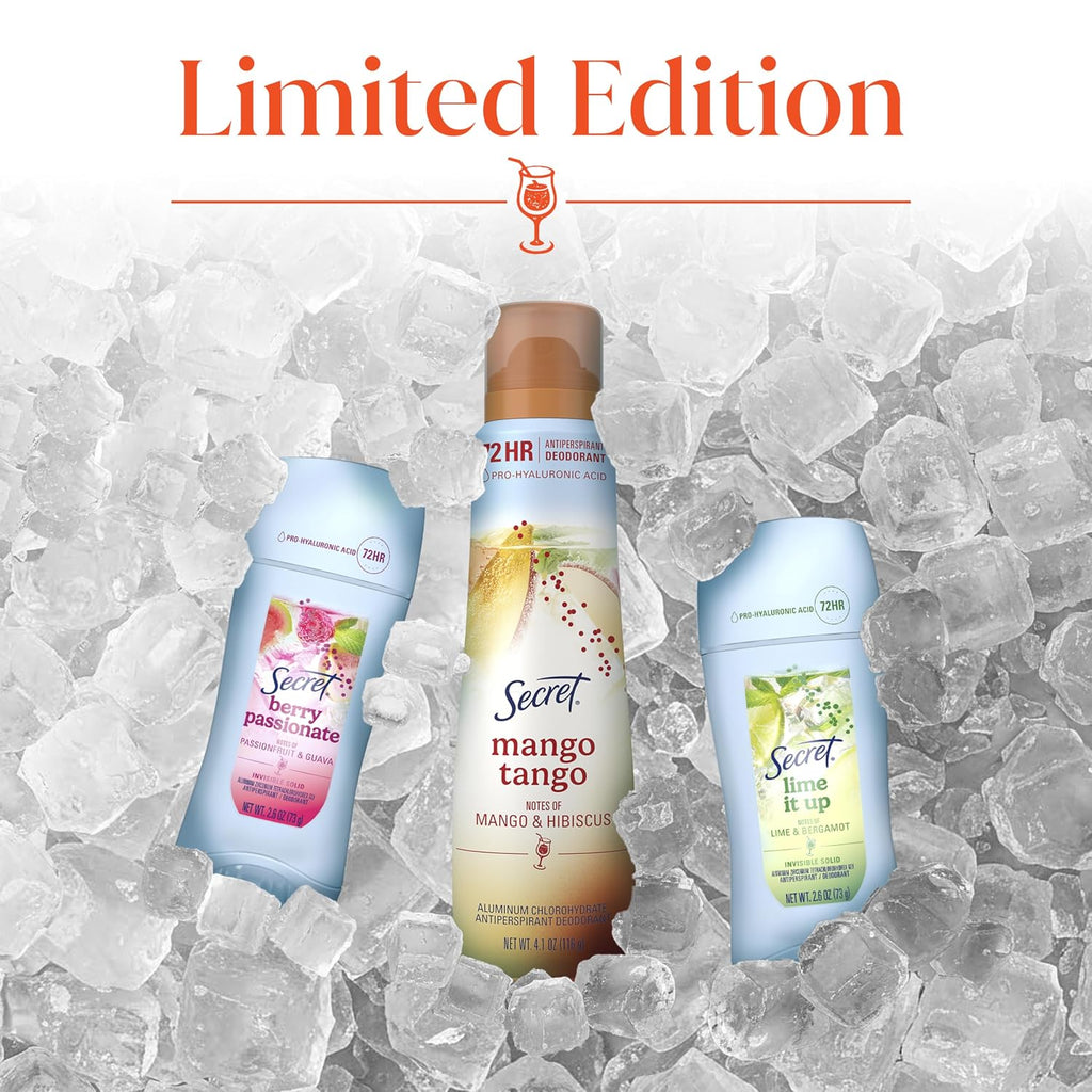 Secret Fresh Antiperspirant Deodorant for Women. Mango Tango Scent. 2.6oz | 72HR Freshness on the Rocks with Pro-Hyaluronic Acid. Miami Mocktails Limited Edition Invisible Solid. pH Balancing Minerals