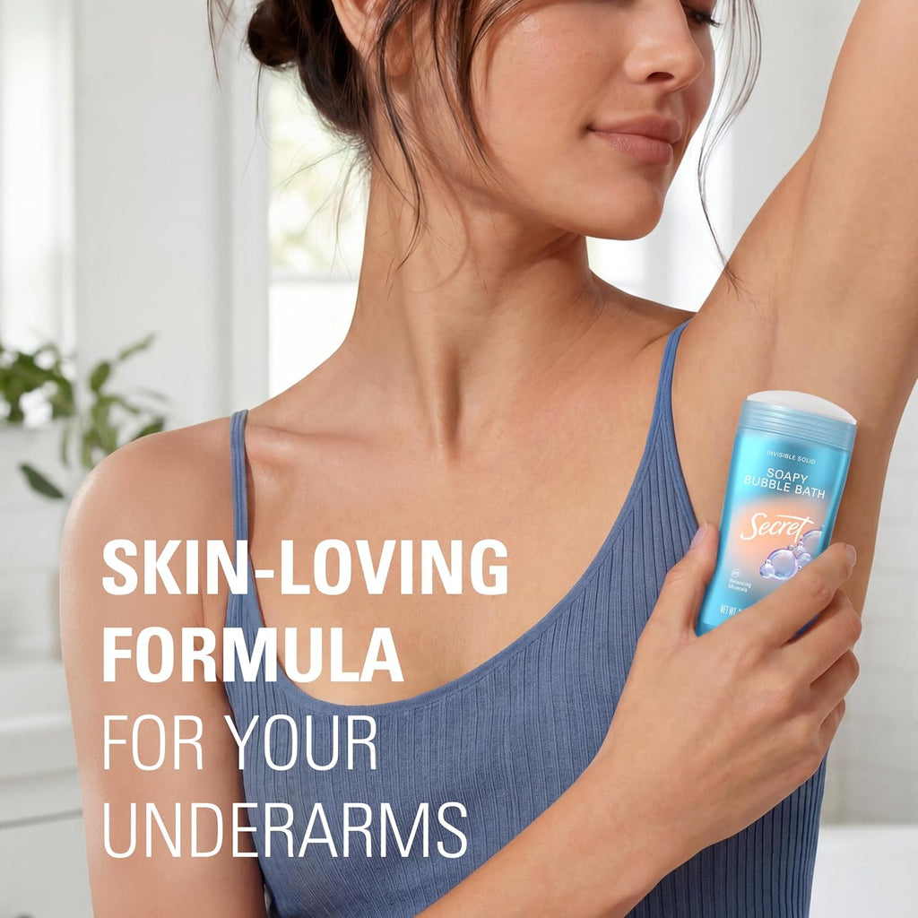 Secret Fresh Antiperspirant Deodorant for Women. 72hr Breathable Sweat & Odor Protection. Instant Freshness & Gentle. PH Balancing Minerals. Invisible Solid. Soapy Bubble Bath Scent. 2.6 oz