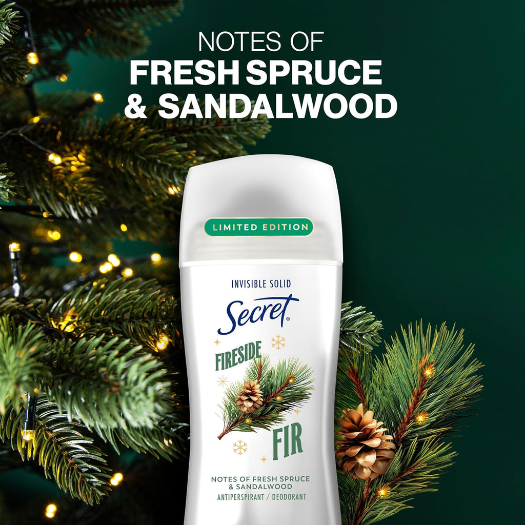 Secret Fresh Antiperspirant Deodorant for Women. Fireside Fir Scent. 2.6oz | 72 Hour Holiday Sweat & Odor Protection with Pro-Hyaluronic Acid. Limited Edition Invisible Solid. pH Balancing Minerals