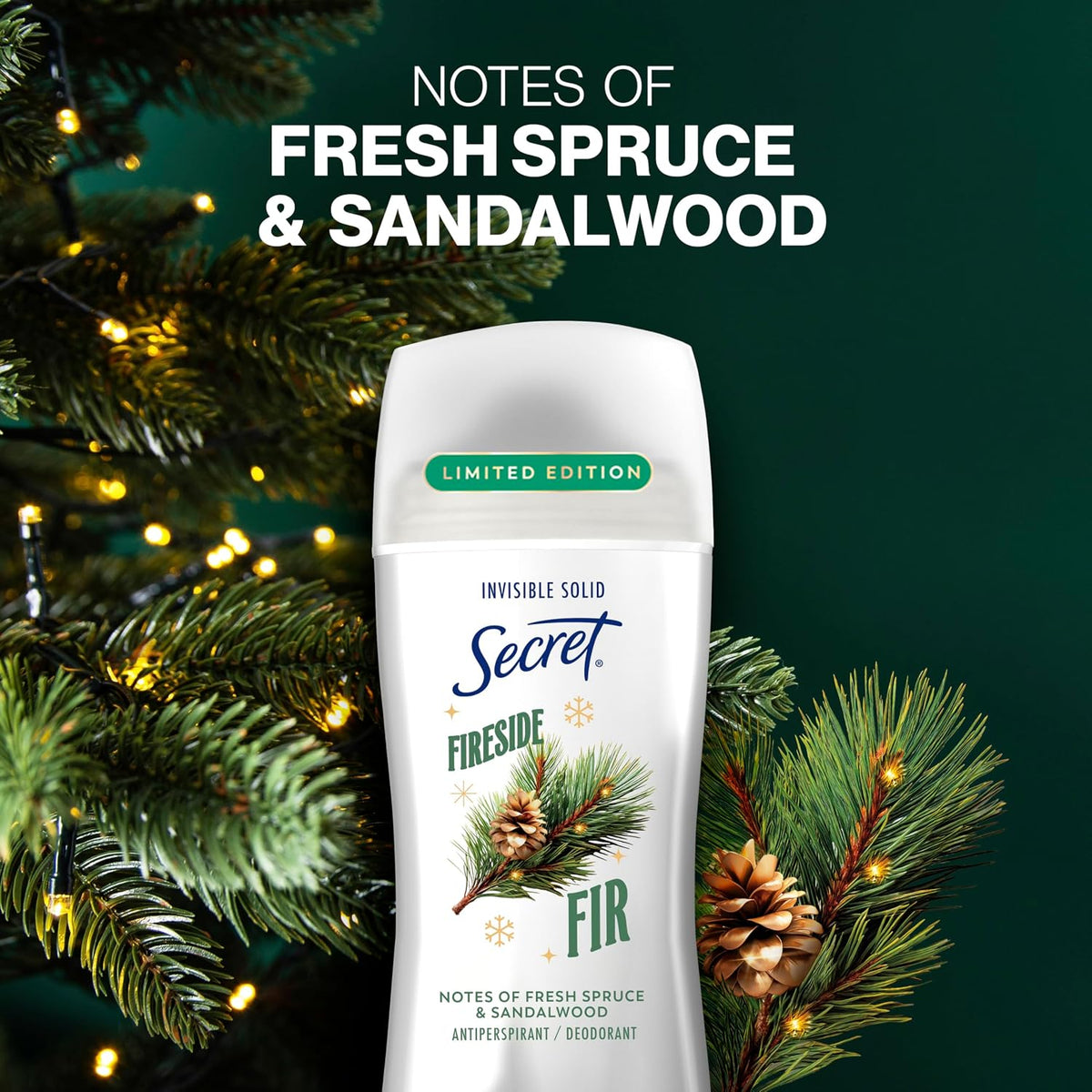 Secret Fresh Antiperspirant Deodorant for Women. Fireside Fir Scent. 2.6oz | 72 Hour Holiday Sweat & Odor Protection with Pro-Hyaluronic Acid. Limited Edition Invisible Solid. pH Balancing Minerals