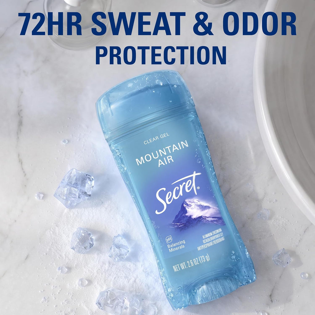 Secret Fresh Antiperspirant Deodorant for Women. 72hr Breathable Sweat & Odor Protection. Instant Freshness & Gentle. PH Balancing Minerals. Clear Gel. Mountain Air Scent. 2.6 oz