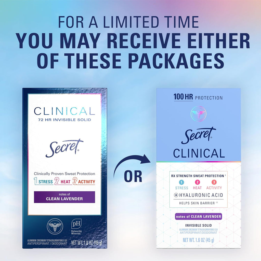 Secret Clinical Strength Antiperspirant Deodorant for Women. 3X Stress Protection. 72hr Sweat & Odor Protection. PH Balancing Minerals. lnvisible Solid. Clean Lavender Scent. 1.6 oz (Pack of 3)
