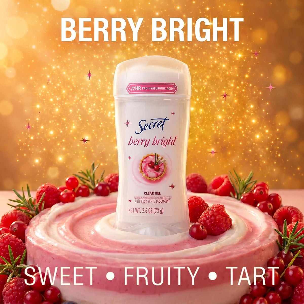 Secret Fresh Antiperspirant Deodorant for Women. 72hr Holiday Sweat & Odor Protection with Pro-Hyaluronic Acid. Clear Gel. PH Balancing Minerals. Berry Bright Scent. 2.6 oz