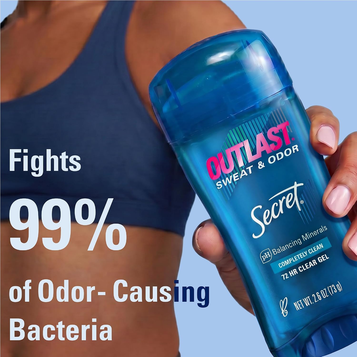 Secret Outlast Antiperspirant Deodorant for Women. 72hr Sweat & Odor Protection. Pro-Hyaluronic Power. pH Balancing Minerals. Clear Gel. Completely Clean Scent. 2.6 oz