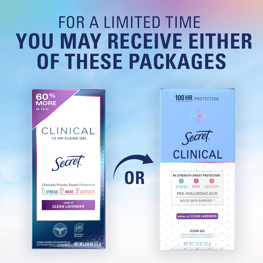 Secret Clinical Strength 100HR Sweat & Odor. Clear Gel Antiperspirant Deodorant for Women. 3X Stress Protection with Hyaluronic Acid. PH Balancing Minerals. Clear Lavender Scent. 2.6 oz