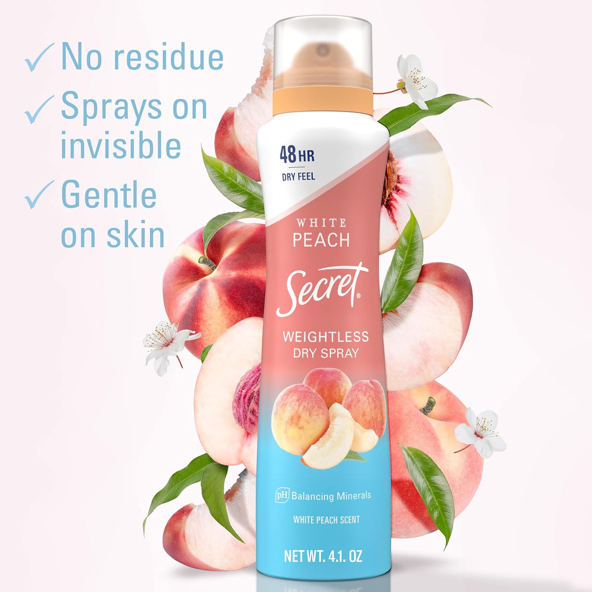 Secret Dry Spray Antiperspirant Deodorant for Women. 48hr Weightless Sweat & Odor Protection. Gentle on Skin. White Peach Scent. 4.1 oz (Pack of 3)