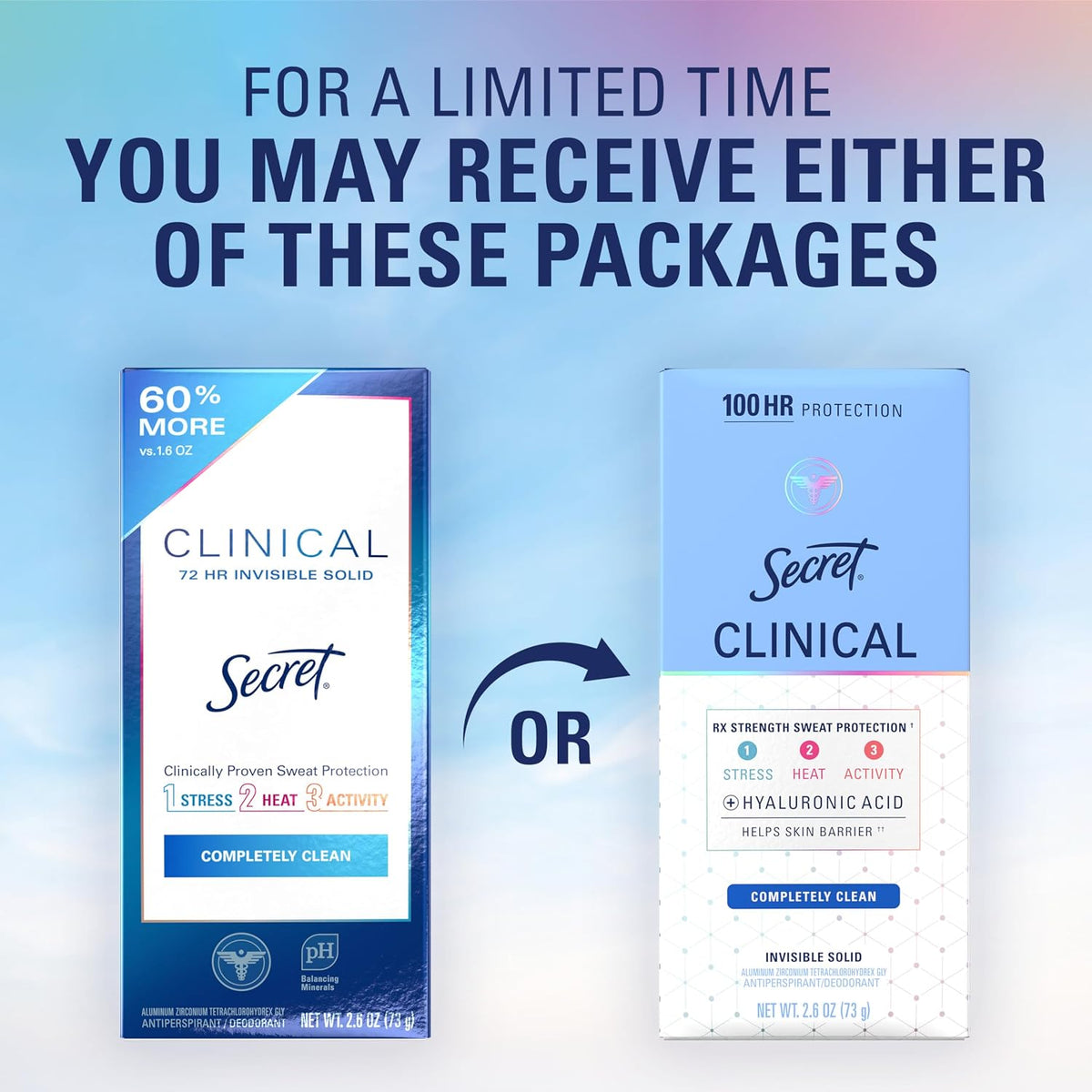 Secret Clinical Strength 100HR Sweat & Odor. Completely Clean Invisible Solid Antiperspirant Deodorant for Women. 3X Stress Protection with Hyaluronic Acid. Completely Clean Scent. 2.6 oz (Pack of 2)