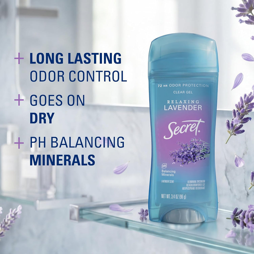 Secret Fresh Antiperspirant Deodorant for Women. 72hr Breathable Sweat & Odor Protection. Instant Freshness & Gentle. PH Balancing Minerals. Clear Gel. Relaxing Lavender Scent. 3.4 oz
