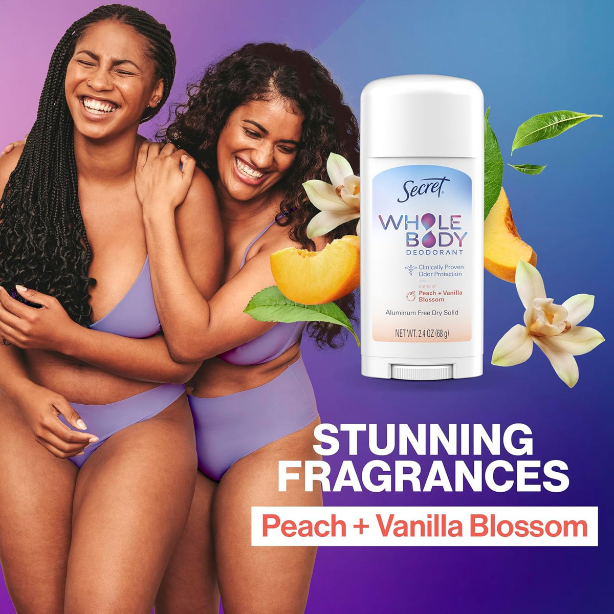 Secret Whole Body Deodorant Stick for Women. Naturally Derived Ingredients. Peach & Vanilla Scent. Aluminum Free Deodorant Stick. 72 HR Odor Protection. 2.4 oz