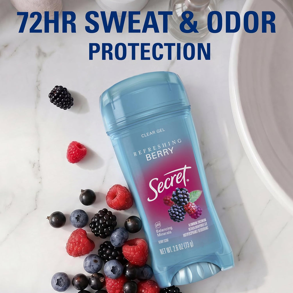 Secret Fresh Antiperspirant Deodorant for Women. 72hr Breathable Sweat & Odor Protection. Instant Freshness & Gentle. PH Balancing Minerals. Clear Gel. Refreshing Berry Scent. 2.6 oz (Pack of 2)
