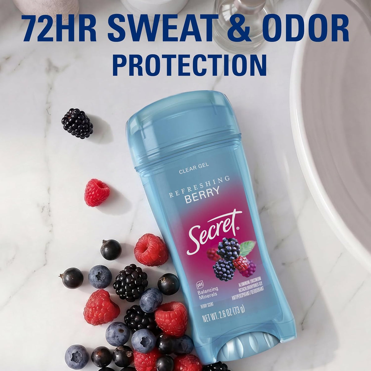 Secret Fresh Antiperspirant Deodorant for Women. 72hr Breathable Sweat & Odor Protection. Instant Freshness & Gentle. PH Balancing Minerals. Clear Gel. Refreshing Berry Scent. 2.6 oz (Pack of 2)
