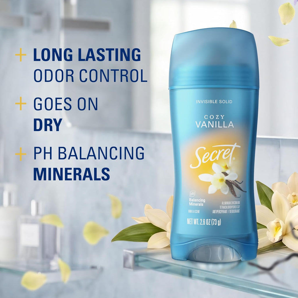 Secret Fresh Antiperspirant Deodorant for Women. 72hr Breathable Sweat & Odor Protection. Instant Freshness & Gentle. PH Balancing Minerals. Invisible Solid. Cozy Vanilla Scent. 2.6 oz (Pack of 3)