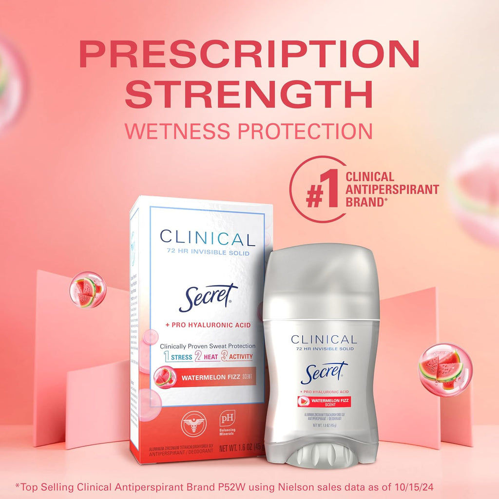 Secret Clinical Strength Antiperspirant Deodorant for Women. 3X Stress Protection. 72hr Sweat & Odor Protection. Pro-Hyaluronic Acid. Invisible Solid. Watermelon Summer Fizz Scent. 1.6 oz