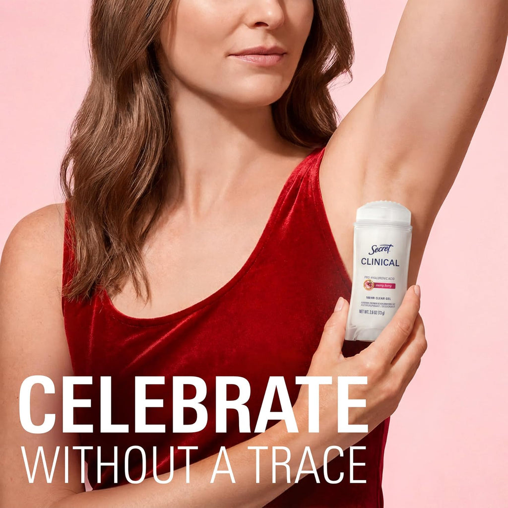 Secret Clinical Strength 100HR Sweat & Odor. Clear Gel Antiperspirant Deodorant for Women. 3X Stress Protection with Hyaluronic Acid. PH Balancing Minerals. Merry Berry Scent. 2.6 oz