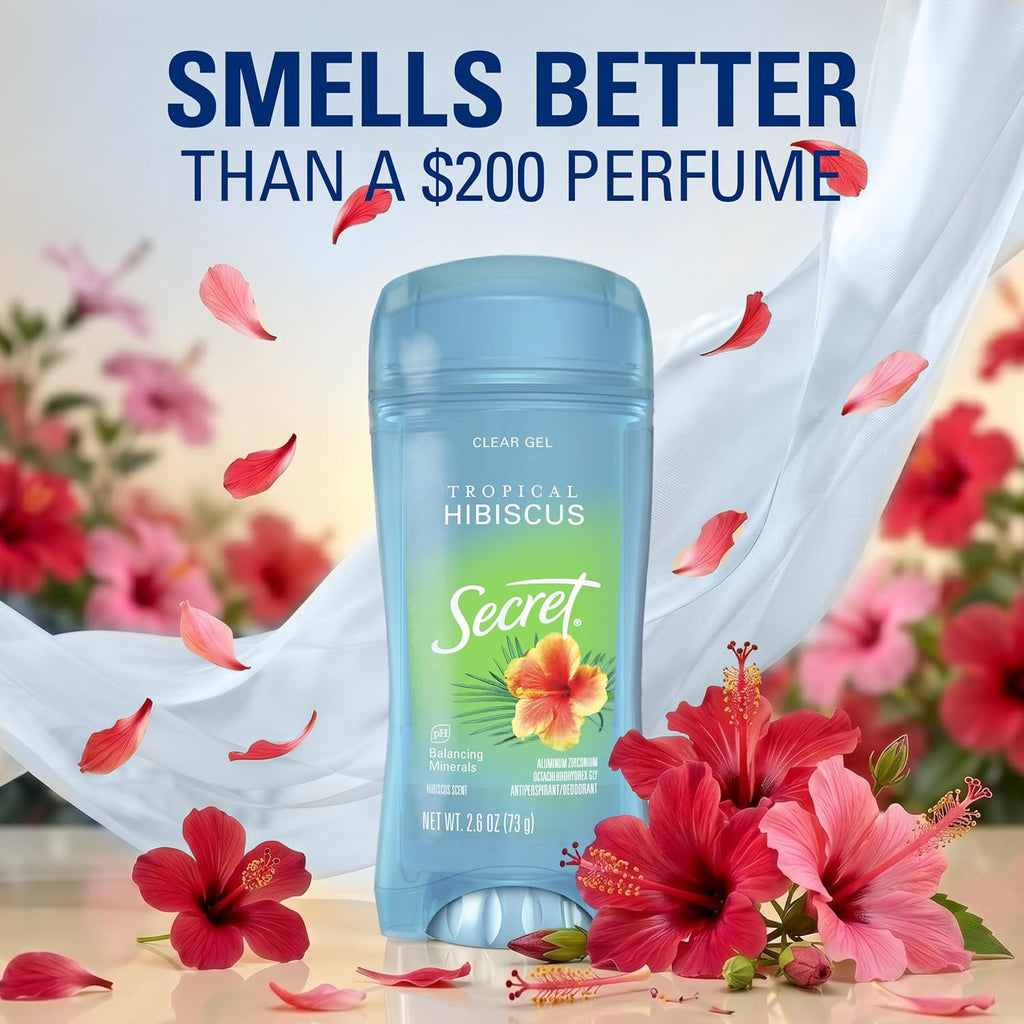 Secret Fresh Antiperspirant Deodorant for Women. 72hr Breathable Sweat & Odor Protection. Instant Freshness & Gentle. PH Balancing Minerals. Clear Gel. Tropical Hibiscus Scent. 2.6 oz