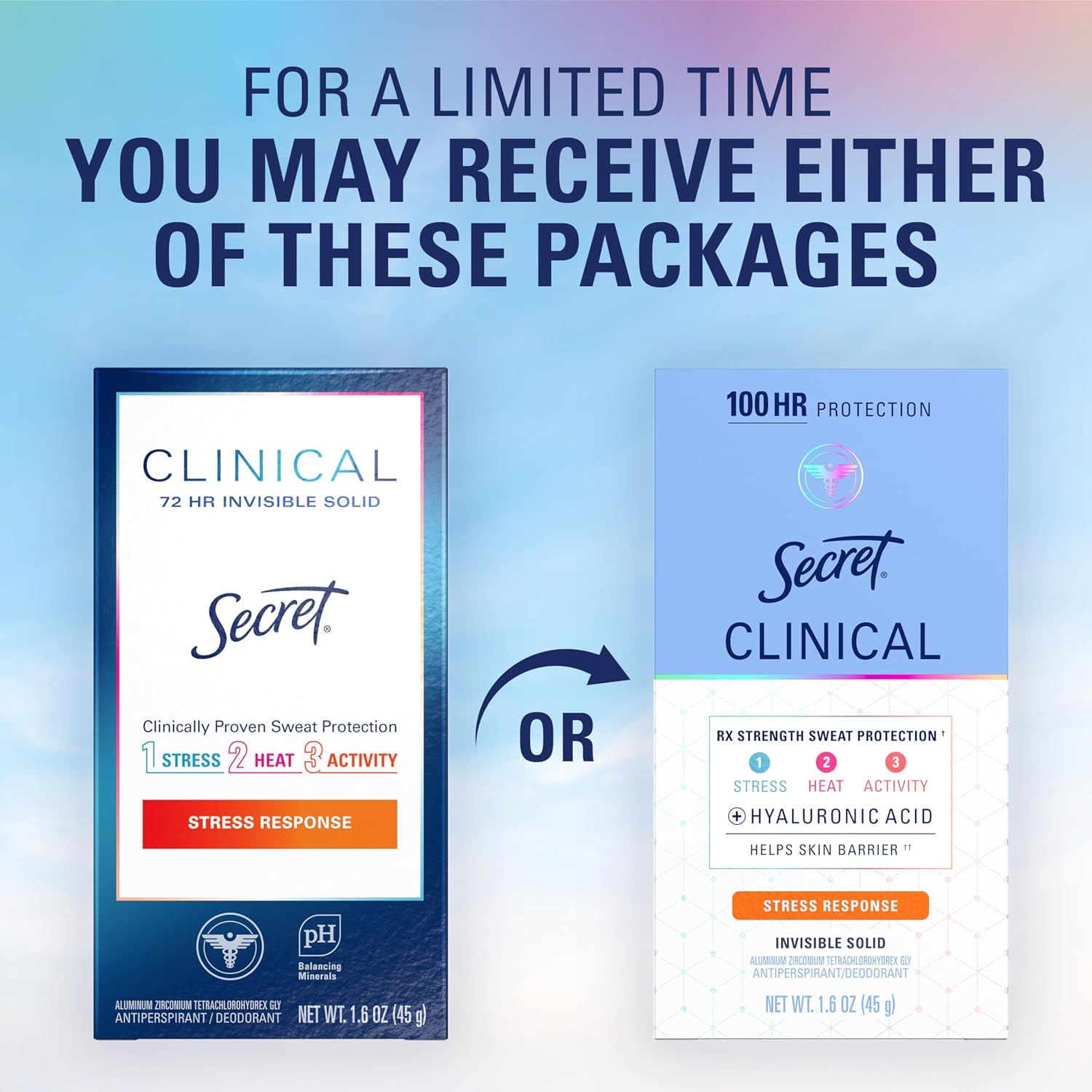 Secret Clinical Strength 100HR Sweat & Odor. Stress Response Invisible Solid Antiperspirant Deodorant for Women. 3X Stress Protection with Hyaluronic Acid. PH Balancing Minerals. 1.6 oz