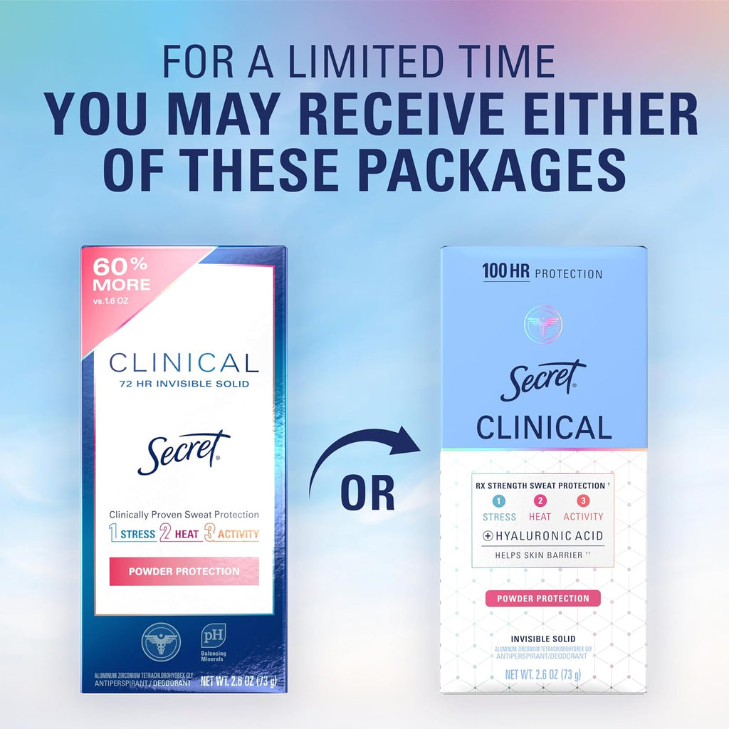 Secret Clinical Strength 100HR Sweat & Odor. Invisible Solid Antiperspirant Deodorant for Women. 3X Stress Protection with Hyaluronic Acid. Powder Protection Scent. 2.6 oz (Pack of 2)
