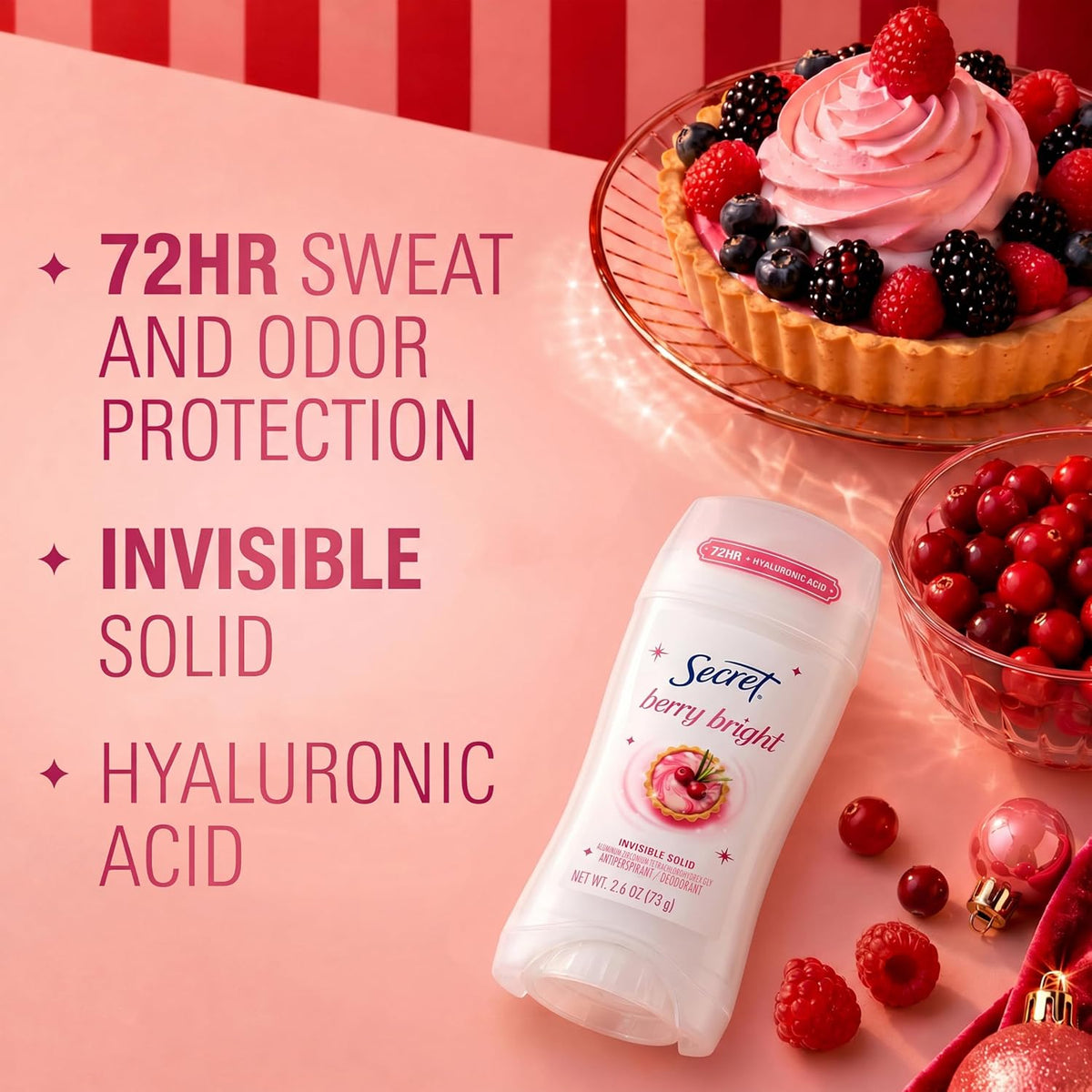 Secret Fresh Antiperspirant Deodorant for Women. Berry Bright Scent. 2.6oz | 72 Hour Holiday Sweat & Odor Protection with Pro-Hyaluronic Acid. Limited Edition Invisible Solid. pH Balancing Minerals