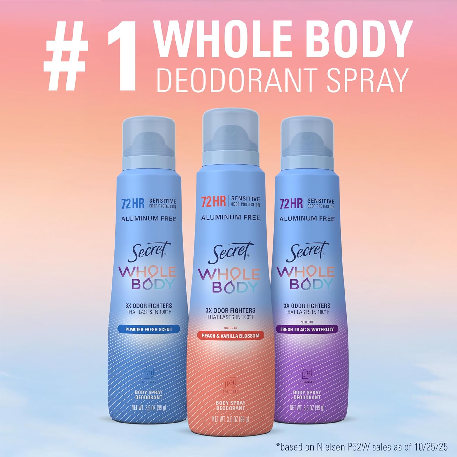 Secret Aluminum Free Whole Body Deodorant Spray for Women. 72hr Sensitive Freshness & Odor Defense. PH Balanced. Invisible Protection. Safe to Use Everywhere. Fresh Lilac & Waterlily Scent. 3.5 oz