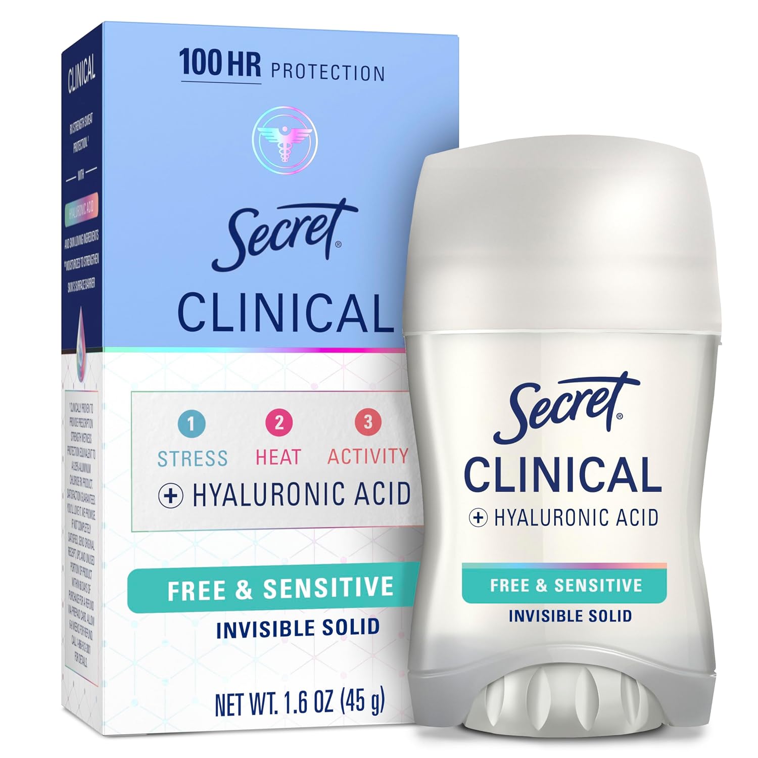 Secret Clinical Strength 100HR Sweat & Odor. Invisible Solid Antiperspirant Deodorant for Women. Free & Sensitive. 3X Stress Protection with Hyaluronic Acid. PH Balanced. Unscented. 1.6 oz