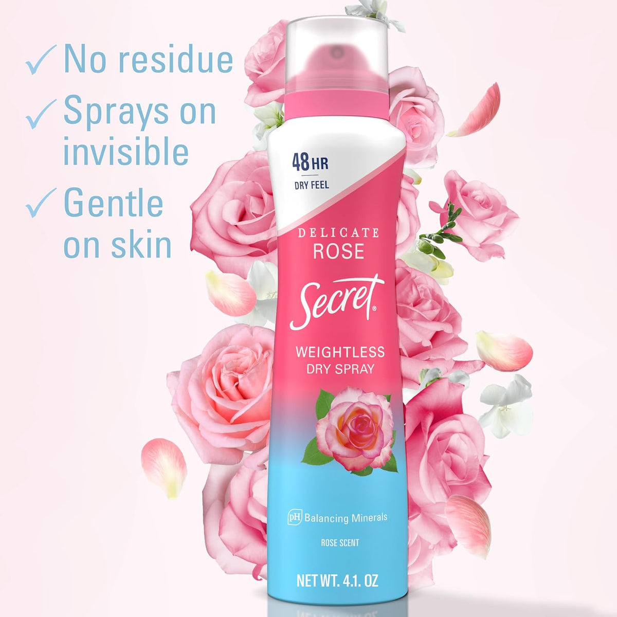 Secret Dry Spray Antiperspirant Deodorant for Women. 48hr Weightless Sweat & Odor Protection. Gentle on Skin. Delicate Rose Scent. 4.1 oz (Pack of 3)