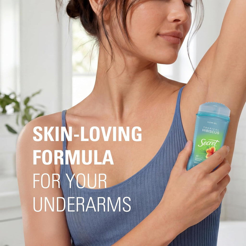 Secret Fresh Antiperspirant Deodorant for Women. 72hr Breathable Sweat & Odor Protection. Instant Freshness & Gentle. PH Balancing Minerals. Clear Gel. Tropical Hibiscus Scent. 2.6 oz