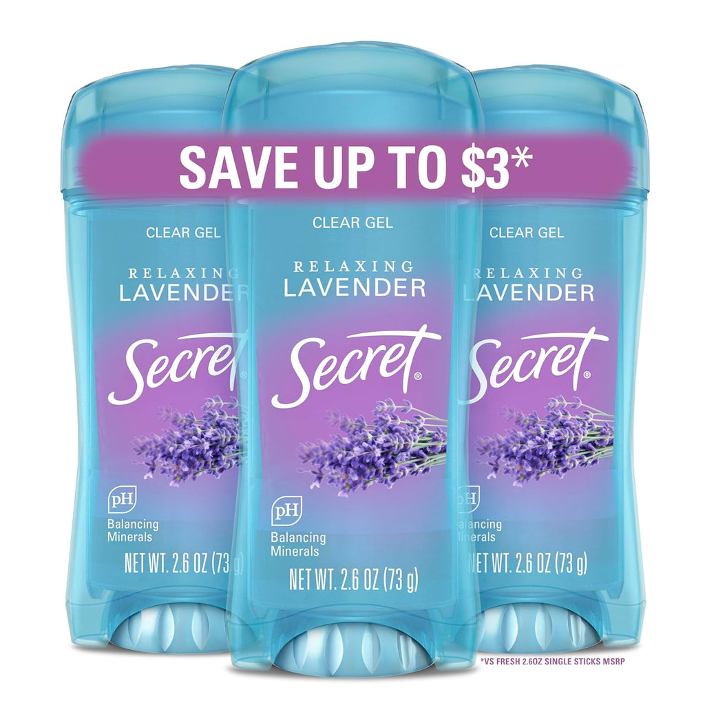 Secret Fresh Antiperspirant Deodorant for Women. 72hr Breathable Sweat & Odor Protection. Instant Freshness & Gentle. PH Balancing Minerals. Clear Gel. Relaxing Lavender Scent. 2.6 oz (Pack of 3)